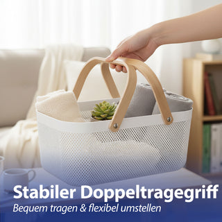 Aufbewahrungskorb mit Henkel Kunststoff Birkenholz 40x18x24cm weiß natur Utensilienkorb Henkelkorb Gitterkorb Aufbewahrungsbox für Bad oder Küche