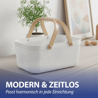 Aufbewahrungskorb mit Henkel Kunststoff Birkenholz 40x18x24cm weiß natur Utensilienkorb Henkelkorb Gitterkorb Aufbewahrungsbox für Bad oder Küche