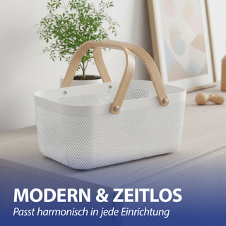 Aufbewahrungskorb mit Henkel Kunststoff Birkenholz 40x18x24cm weiß natur Utensilienkorb Henkelkorb Gitterkorb Aufbewahrungsbox für Bad oder Küche