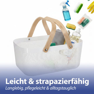 Aufbewahrungskorb mit Henkel Kunststoff Birkenholz 40x18x24cm weiß natur Utensilienkorb Henkelkorb Gitterkorb Aufbewahrungsbox für Bad oder Küche