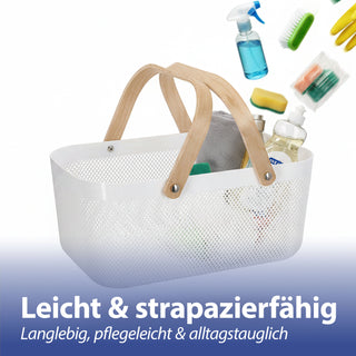 Aufbewahrungskorb mit Henkel Kunststoff Birkenholz 40x18x24cm weiß natur Utensilienkorb Henkelkorb Gitterkorb Aufbewahrungsbox für Bad oder Küche