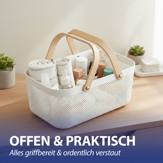 Aufbewahrungskorb mit Henkel Kunststoff Birkenholz 40x18x24cm weiß natur Utensilienkorb Henkelkorb Gitterkorb Aufbewahrungsbox für Bad oder Küche