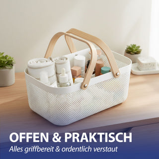 Aufbewahrungskorb mit Henkel Kunststoff Birkenholz 40x18x24cm weiß natur Utensilienkorb Henkelkorb Gitterkorb Aufbewahrungsbox für Bad oder Küche