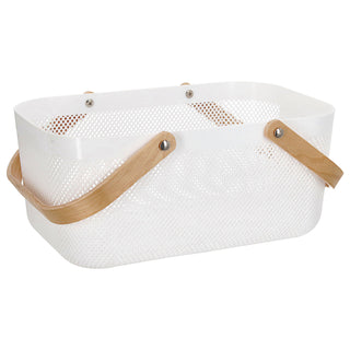 Aufbewahrungskorb mit Henkel Kunststoff Birkenholz 40x18x24cm weiß natur Utensilienkorb Henkelkorb Gitterkorb Aufbewahrungsbox für Bad oder Küche