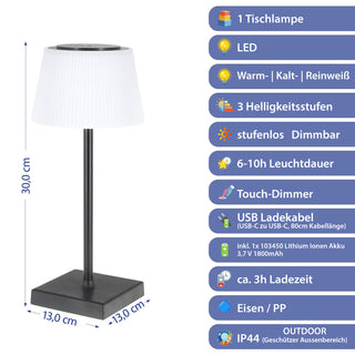 LED Tischleuchte Paris schwarz weiß 13x30cm USB Ladefunktion akkubetrieben Touchfunktion stufenlos dimmbar 3 Weißtöne IP44 In-/Outdoor