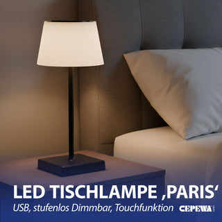 LED Tischleuchte Paris schwarz weiß 13x30cm USB Ladefunktion akkubetrieben Touchfunktion stufenlos dimmbar 3 Weißtöne IP44 In-/Outdoor