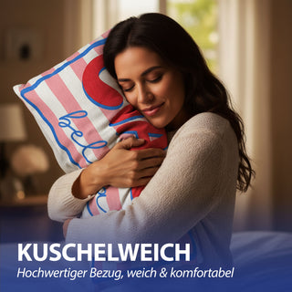 Kissen Ciao Bella 50x30x10cm rosa rot blau Polyester 280g Polyesterfüllung Reißverschluss Kuschelkissen gestreift beidseitig bedruckt