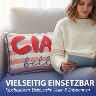 Kissen Ciao Bella 50x30x10cm rosa rot blau Polyester 280g Polyesterfüllung Reißverschluss Kuschelkissen gestreift beidseitig bedruckt