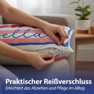 Kissen Ciao Bella 50x30x10cm rosa rot blau Polyester 280g Polyesterfüllung Reißverschluss Kuschelkissen gestreift beidseitig bedruckt