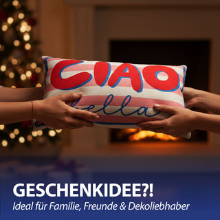 Kissen Ciao Bella 50x30x10cm rosa rot blau Polyester 280g Polyesterfüllung Reißverschluss Kuschelkissen gestreift beidseitig bedruckt