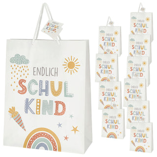 Geschenktüte 'Endlich Schulkind' 12er Set 25x33x12cm Papier 128g/m² weiß matt beidseitig bedruckt Schulanfang Henkel Geschenkanhänger