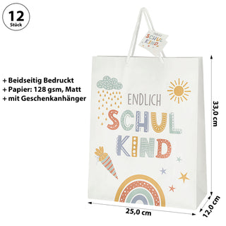 Geschenktüte 'Endlich Schulkind' 12er Set 25x33x12cm Papier 128g/m² weiß matt beidseitig bedruckt Schulanfang Henkel Geschenkanhänger
