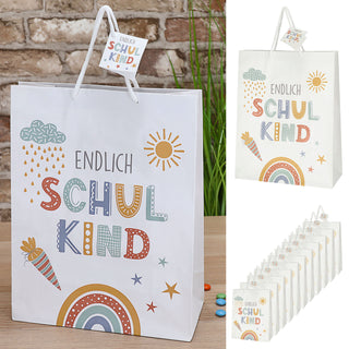 Geschenktüte 'Endlich Schulkind' 12er Set 25x33x12cm Papier 128g/m² weiß matt beidseitig bedruckt Schulanfang Henkel Geschenkanhänger