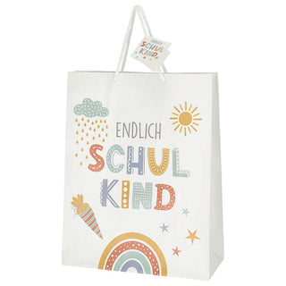 Geschenktüte 'Endlich Schulkind' 12er Set 25x33x12cm Papier 128g/m² weiß matt beidseitig bedruckt Schulanfang Henkel Geschenkanhänger