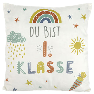 Kissen 'Du bist die 1. Klasse'/ 'Endlich Schulkind' 40x40cm weiß bedruckt Polyester 280g Füllung Reißverschluss Motivkissen Kuschelkissen