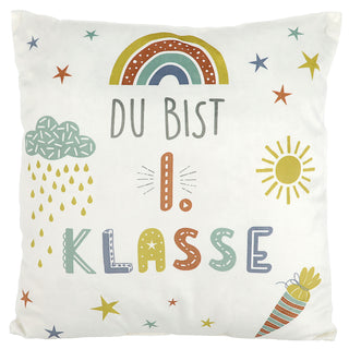 Kissen 'Du bist die 1. Klasse'/ 'Endlich Schulkind' 40x40cm weiß bedruckt Polyester 280g Füllung Reißverschluss Motivkissen Kuschelkissen