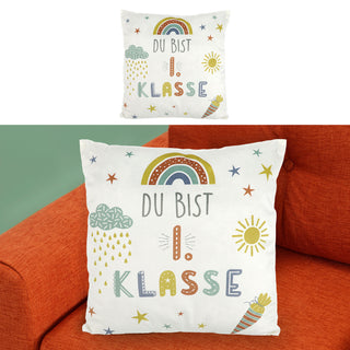 Kissen 'Du bist die 1. Klasse'/ 'Endlich Schulkind' 40x40cm weiß bedruckt Polyester 280g Füllung Reißverschluss Motivkissen Kuschelkissen