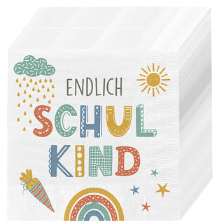 Servietten 'Endlich Schulkind' 60er Set 33x33cm 3-lagig Papierserviette weiß bunt stoffähnlich Tuch Schulanfang