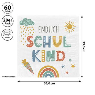 Servietten 'Endlich Schulkind' 60er Set 33x33cm 3-lagig Papierserviette weiß bunt stoffähnlich Tuch Schulanfang