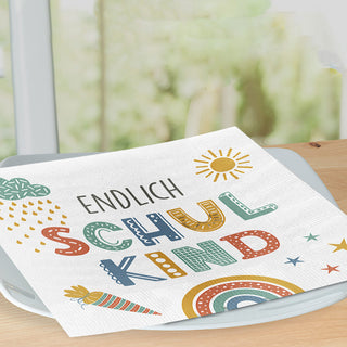 Servietten 'Endlich Schulkind' 60er Set 33x33cm 3-lagig Papierserviette weiß bunt stoffähnlich Tuch Schulanfang