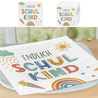 Servietten 'Endlich Schulkind' 60er Set 33x33cm 3-lagig Papierserviette weiß bunt stoffähnlich Tuch Schulanfang