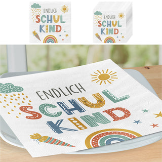Servietten 'Endlich Schulkind' 60er Set 33x33cm 3-lagig Papierserviette weiß bunt stoffähnlich Tuch Schulanfang