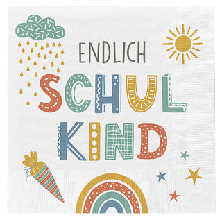 Servietten 'Endlich Schulkind' 60er Set 33x33cm 3-lagig Papierserviette weiß bunt stoffähnlich Tuch Schulanfang