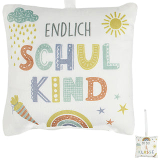 Minikissen 2er Set Schulanfang 12x12cm weiß bedruckt Polyester 40g Füllung Reißverschluss 2 Motive Kuschelkissen