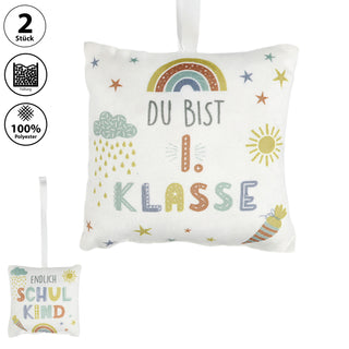 Minikissen 2er Set Schulanfang 12x12cm weiß bedruckt Polyester 40g Füllung Reißverschluss 2 Motive Kuschelkissen