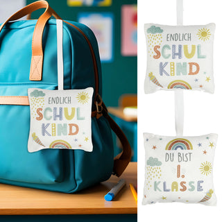 Minikissen 2er Set Schulanfang 12x12cm weiß bedruckt Polyester 40g Füllung Reißverschluss 2 Motive Kuschelkissen