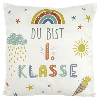 Minikissen 2er Set Schulanfang 12x12cm weiß bedruckt Polyester 40g Füllung Reißverschluss 2 Motive Kuschelkissen