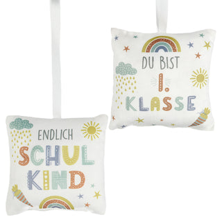 Minikissen 2er Set Schulanfang 12x12cm weiß bedruckt Polyester 40g Füllung Reißverschluss 2 Motive Kuschelkissen