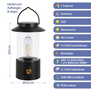 LED Solar Laterne Retro Henkel 12x20cm Kunststoff schwarz Gartenleuchte warmweiß 1 Leds Birne Filment IP20 dimmbar USB Kabel