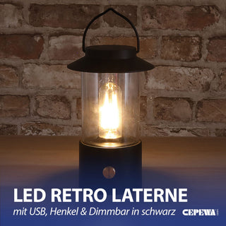 LED Solar Laterne Retro Henkel 12x20cm Kunststoff schwarz Gartenleuchte warmweiß 1 Leds Birne Filment IP20 dimmbar USB Kabel
