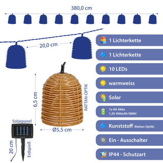LED Solar Lichterkette Rattan-Optik 380x6,5x5,5cm Kunststoff 10 Lampenschirme warmweiß akkubetrieben Zuleitung 2m On-/Off-Schalter IP44 Solarleuchte