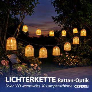 LED Solar Lichterkette Rattan-Optik 380x6,5x5,5cm Kunststoff 10 Lampenschirme warmweiß akkubetrieben Zuleitung 2m On-/Off-Schalter IP44 Solarleuchte