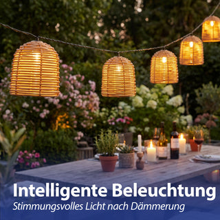 LED Solar Lichterkette Rattan-Optik 380x6,5x5,5cm Kunststoff 10 Lampenschirme warmweiß akkubetrieben Zuleitung 2m On-/Off-Schalter IP44 Solarleuchte