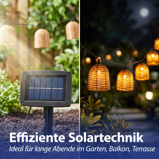 LED Solar Lichterkette Rattan-Optik 380x6,5x5,5cm Kunststoff 10 Lampenschirme warmweiß akkubetrieben Zuleitung 2m On-/Off-Schalter IP44 Solarleuchte
