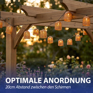 LED Solar Lichterkette Rattan-Optik 380x6,5x5,5cm Kunststoff 10 Lampenschirme warmweiß akkubetrieben Zuleitung 2m On-/Off-Schalter IP44 Solarleuchte
