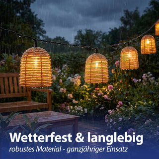 LED Solar Lichterkette Rattan-Optik 380x6,5x5,5cm Kunststoff 10 Lampenschirme warmweiß akkubetrieben Zuleitung 2m On-/Off-Schalter IP44 Solarleuchte