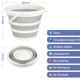 Falteimer 10l grau weiß Ø34x5cm Kunststoff Eimer faltbar Silikoneimer mit Henkel Putzeimer Campingeimer Haushaltseimer
