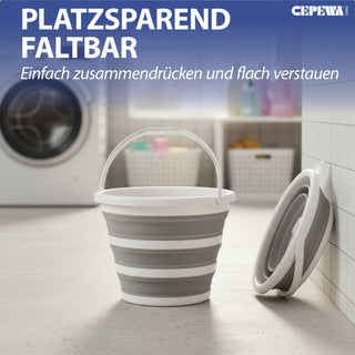 Falteimer 10l grau weiß Ø34x5cm Kunststoff Eimer faltbar Silikoneimer mit Henkel Putzeimer Campingeimer Haushaltseimer
