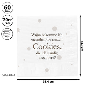 Servietten 'Cookies' 60er Set 33x33cm 3-lagig Papierserviette weiß braun stoffähnlich Tuch Tischdeko
