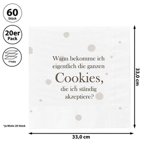 Servietten 'Cookies' 60er Set 33x33cm 3-lagig Papierserviette weiß braun stoffähnlich Tuch Tischdeko
