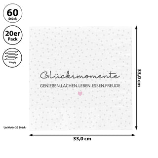 Servietten 'Glücksmomente' 60er Set 33x33cm 3-lagig Papierserviette weiß schwarz stoffähnlich Tuch Tischdeko