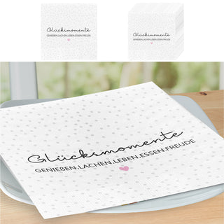 Servietten 'Glücksmomente' 60er Set 33x33cm 3-lagig Papierserviette weiß schwarz stoffähnlich Tuch Tischdeko