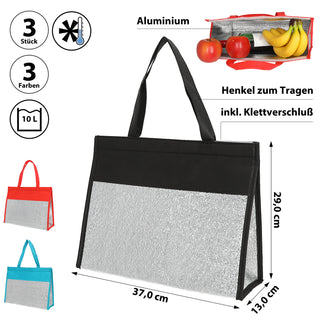 Kühltasche 3er Set Polyester Aluminium rot blau schwarz 39x29x13cm Fassungsvermögen 10 Liter Klettverschluss Tasche isoliert
