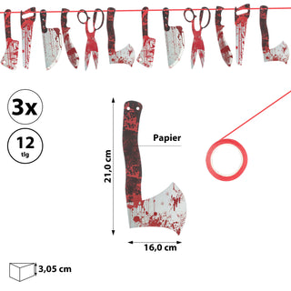Halloween Messerset 3 x 12er Set 4 Motive Karton schwarz grau rot Messer mit Blut Schlachtermesser Kostümzubehör