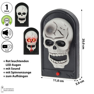 Halloween Türklingel Totenkopf animiert 11x20x5cm Kunststoff Sound leuchtende Augen Spinnenzunge Klingel zum Aufhängen