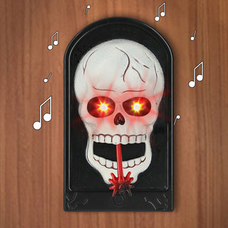 Halloween Türklingel Totenkopf animiert 11x20x5cm Kunststoff Sound leuchtende Augen Spinnenzunge Klingel zum Aufhängen